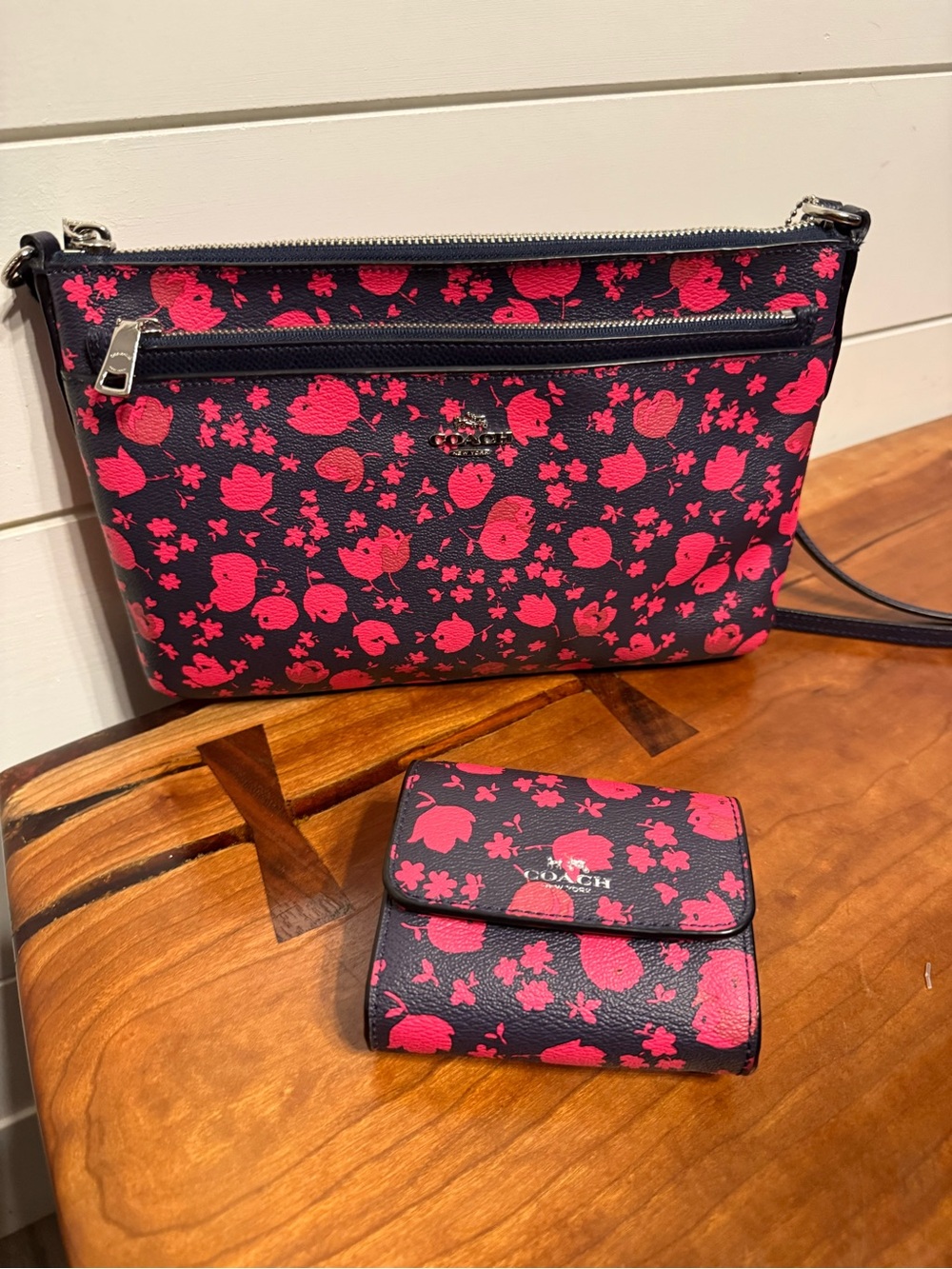 Coach Black with Pink Floral Crossbody and Matching Wallet